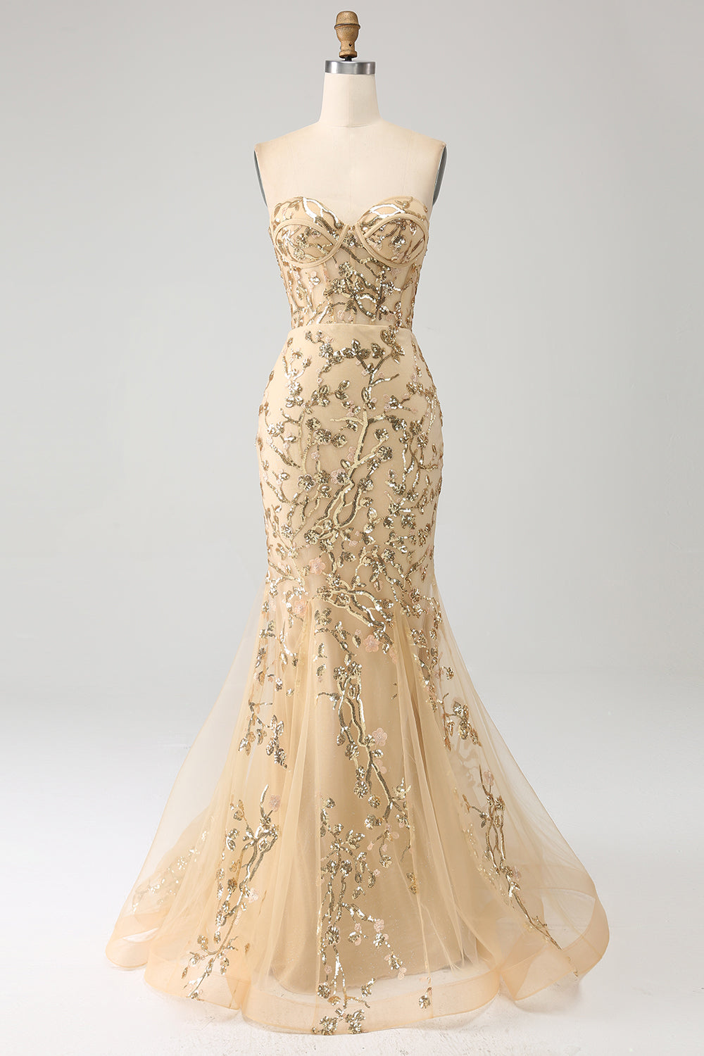 Luolandi Champagne Mermaid Strapless Sparkly Sequins Corset Prom Dress Off Shoulder